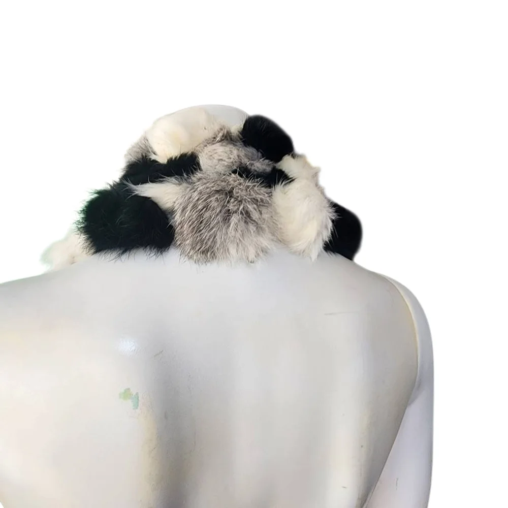 Genuine Rabbit Fur Black, Gray, & White Pom Pom Scarf - Picture 3 of 4